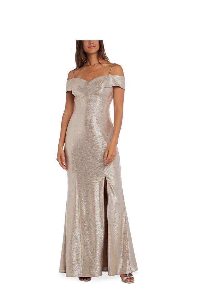 Vestido metalizado con hombros descubiertos para mujer, dorado, talla 6