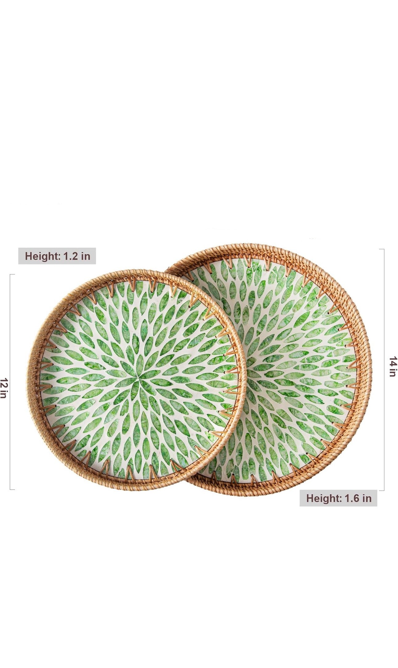 Set of 2 Decorative Melamine Rattan-Inspired Serving Trays – Green Leaf Pattern