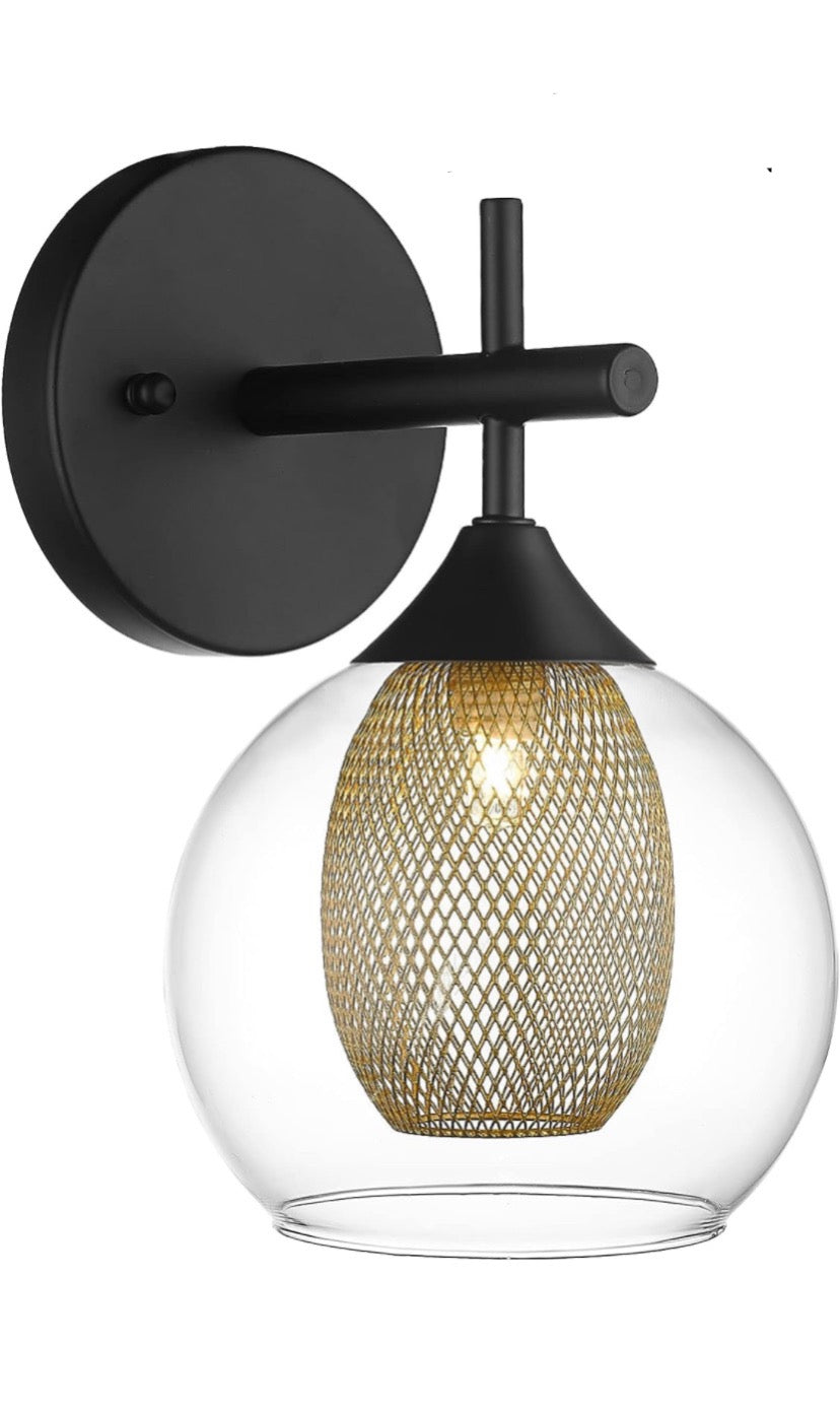 Aplique de pared moderno de malla negra y dorada con pantalla esférica de cristal (base G9, cableado)