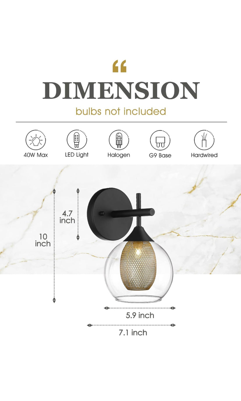 Aplique de pared moderno de malla negra y dorada con pantalla esférica de cristal (base G9, cableado)