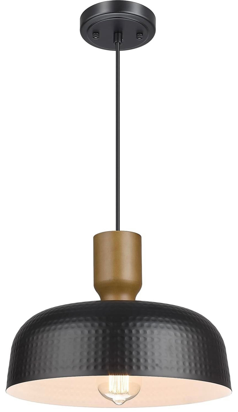 Modern Industrial Pendant Light with Hammered Metal Shade & Wood Grain Finish