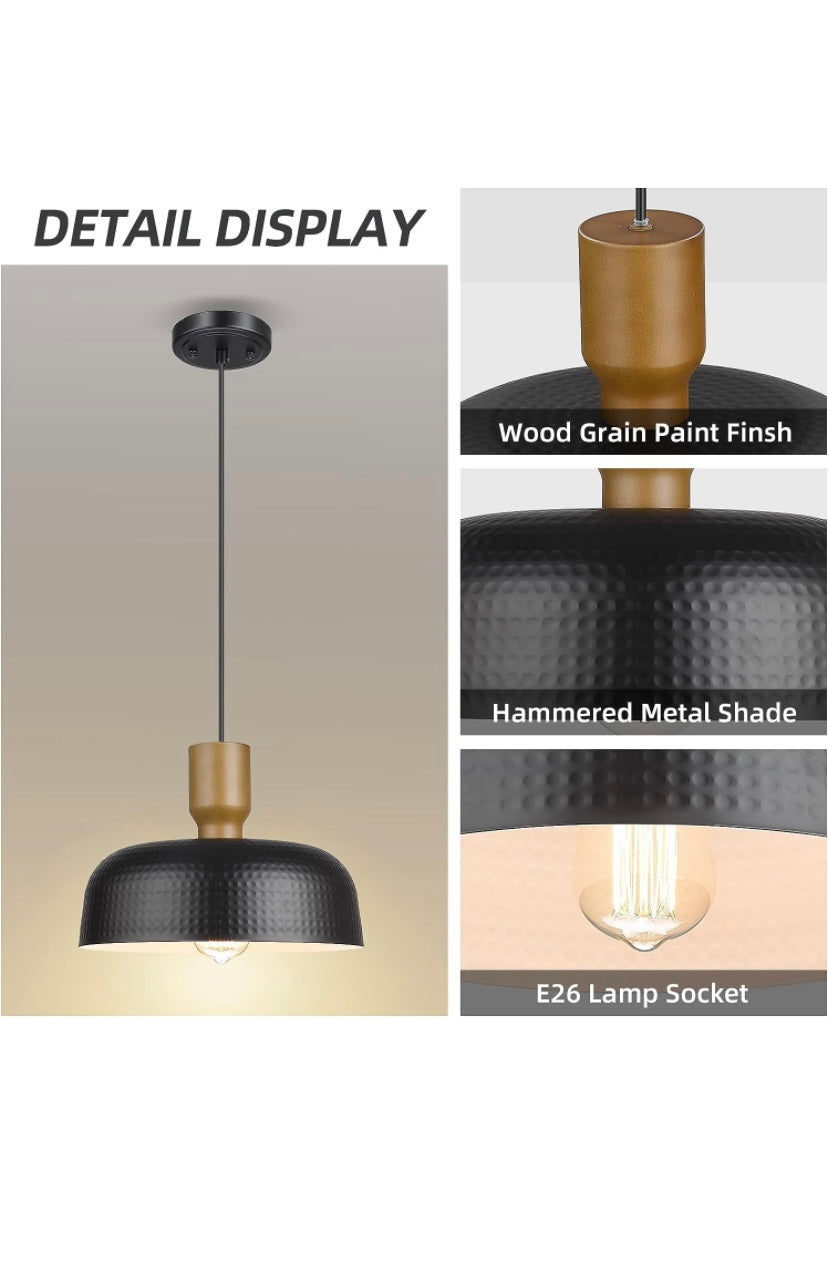 Modern Industrial Pendant Light with Hammered Metal Shade & Wood Grain Finish