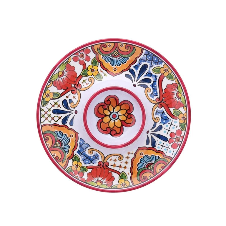Talavera-Style Chip and Dip Serving Platter – 12.8” Round Ceramic-Look Melamine Tray