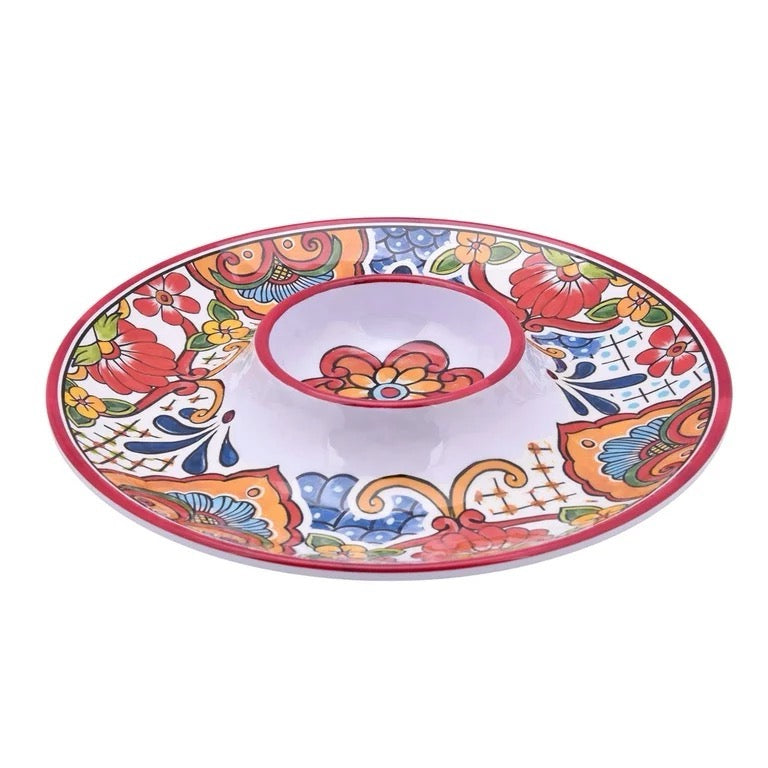 Talavera-Style Chip and Dip Serving Platter – 12.8” Round Ceramic-Look Melamine Tray
