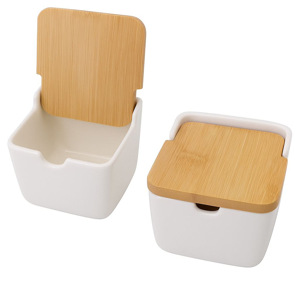 Modern Ceramic Sugar Bowl with Bamboo Flip Lid – 270ml Spice Jar (Set of 2)
