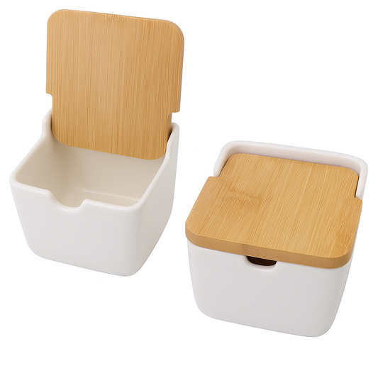 Modern Ceramic Sugar Bowl with Bamboo Flip Lid – 270ml Spice Jar (Set of 2)