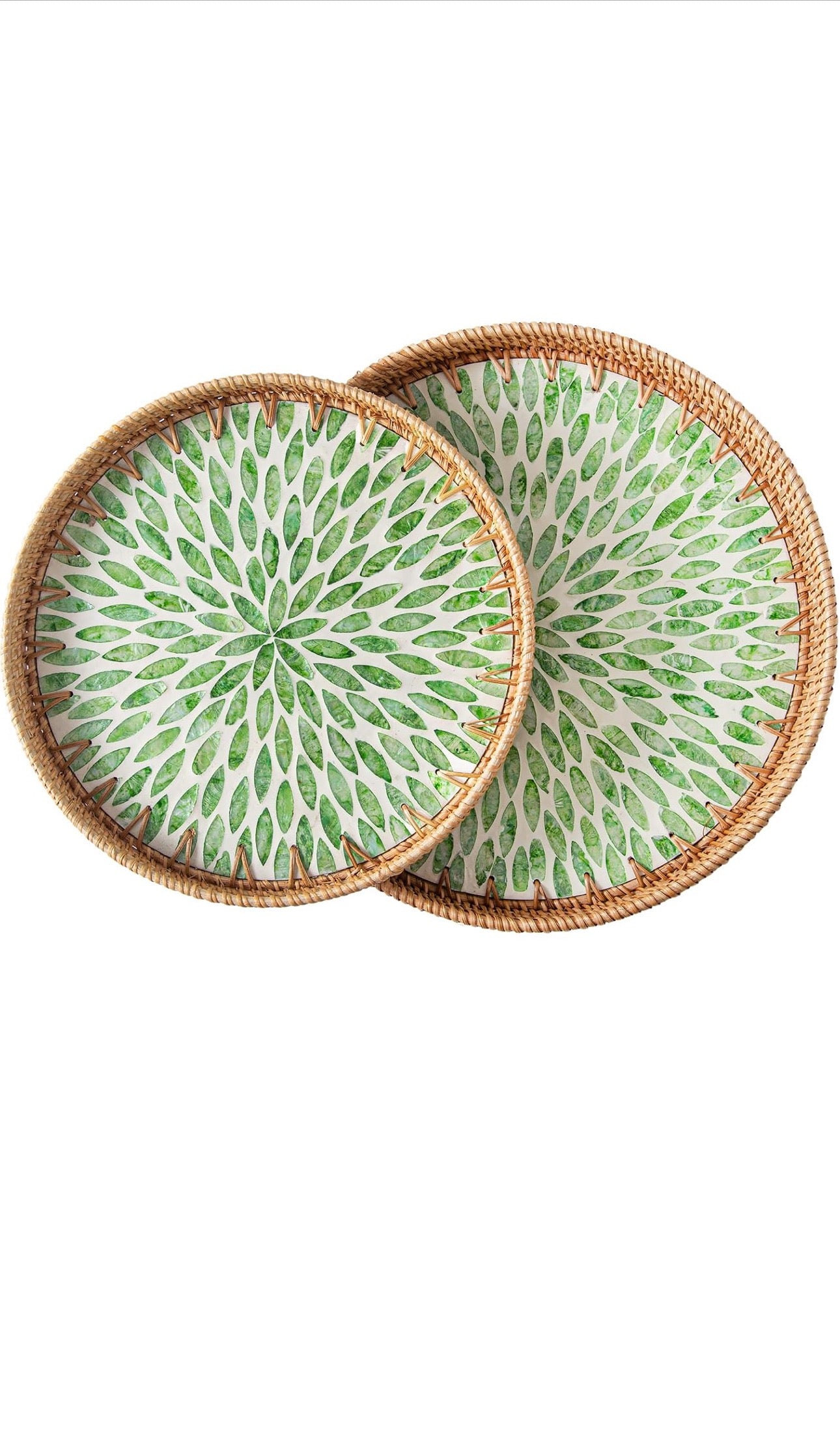 Set of 2 Decorative Melamine Rattan-Inspired Serving Trays – Green Leaf Pattern