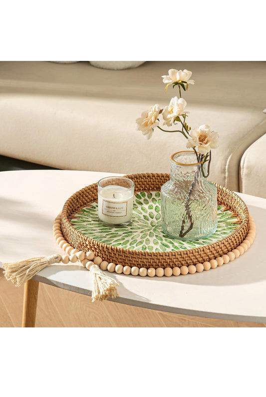 Set of 2 Decorative Melamine Rattan-Inspired Serving Trays – Green Leaf Pattern