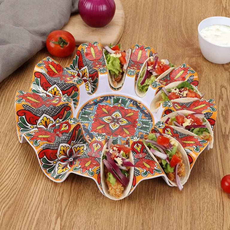 Vibrant Melamine Taco Holder Tray – Hand-Painted Fiesta-Style Design (Holds 10 Tacos)