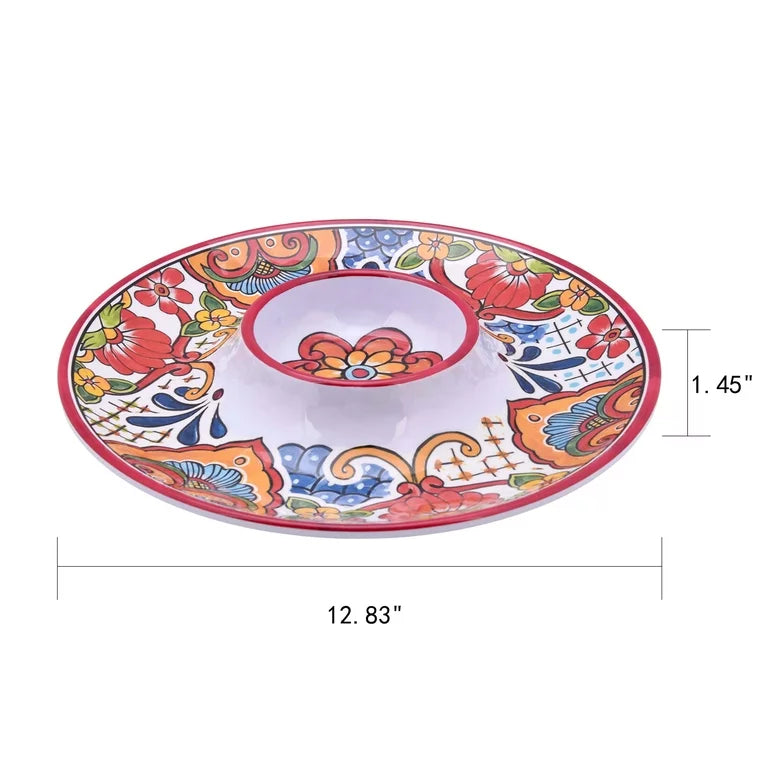 Talavera-Style Chip and Dip Serving Platter – 12.8” Round Ceramic-Look Melamine Tray