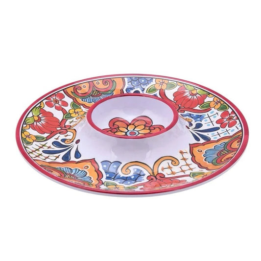 Talavera-Style Chip and Dip Serving Platter – 12.8” Round Ceramic-Look Melamine Tray