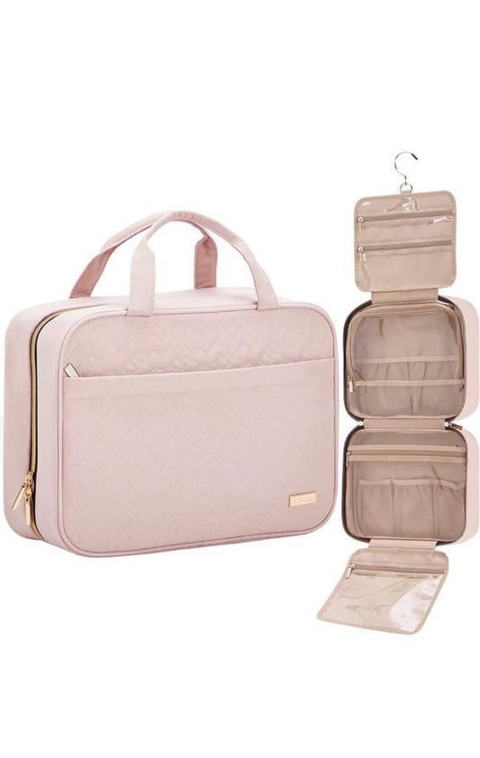 Luxury Travel Toiletry Bag for Women – Quilted Pink Hanging Organizer